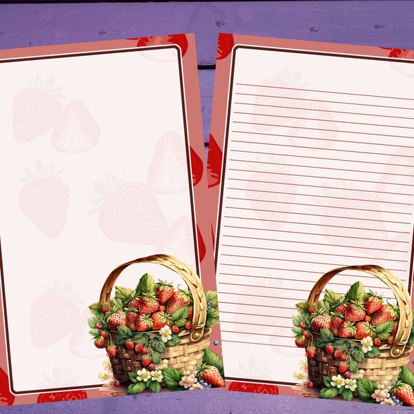 Strawberry Basket Letter Writing Paper A5 Stationery Lined/Unlined Penpal Supplies