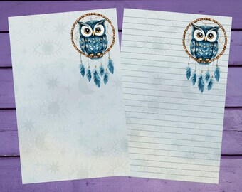 May include: Two sheets of stationery featuring a blue owl dreamcatcher design. One sheet is lined, the other has a celestial pattern of stars, moons, and eyes. The owl has blue feathers and sits in a brown dreamcatcher with blue feathers hanging below.