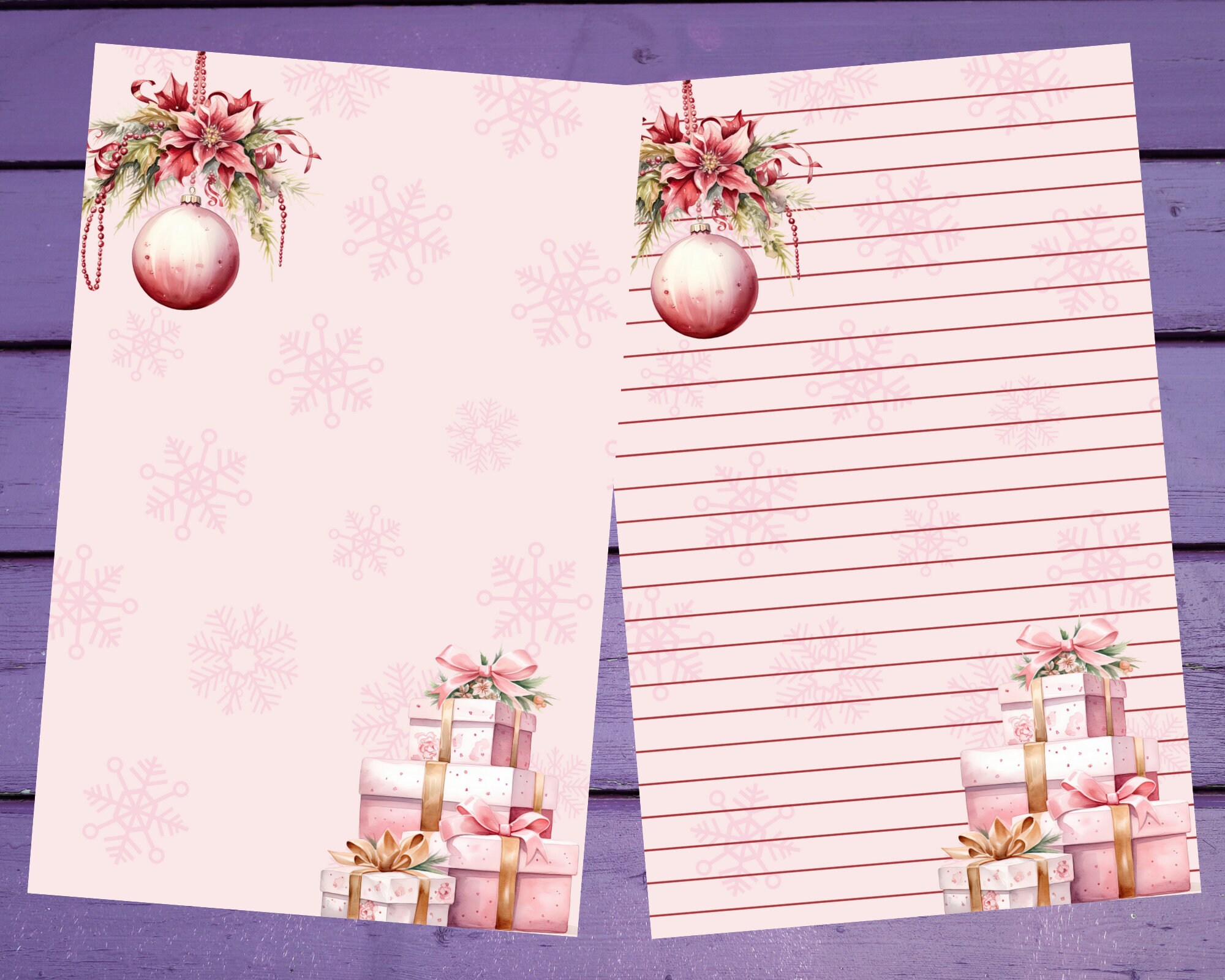 Pink Christmas Letter Writing Paper A5 Stationery Lined/Unlined Penpal Suplies