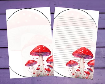 May include: Printable stationery featuring a whimsical illustration of red and white mushrooms with white polka dots. The paper has a lined design for writing.