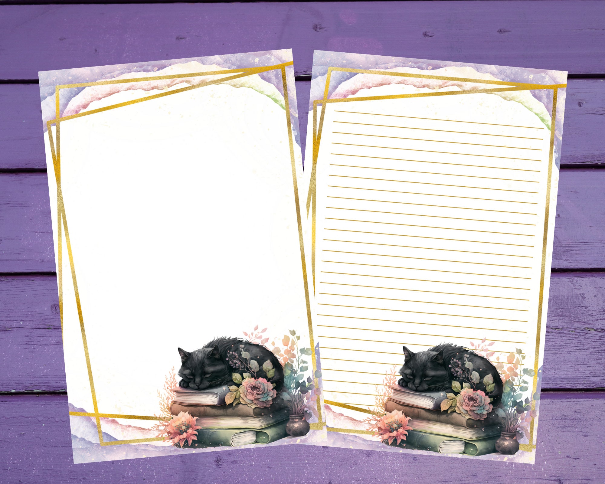 Black Cat and Books Letter Writing Paper A5 Stationery Lined/Unlined Penpal Supplies