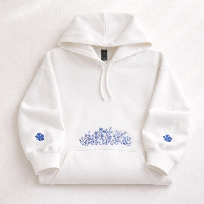 Wildflower Embroidered Hoodie | Minimalist Floral Line Art Botanical ...