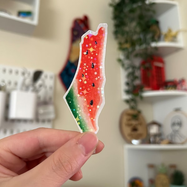 Palestine Map Handmade Watermelon Sticker WATERPROOF 3.5" x 1" (100% proceeds will be donated to Gaza) READ DESCRIPTION