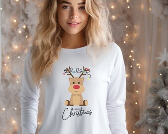 Camisa de manga comprida com rena de Natal: camisetas combinando para toda a família