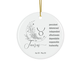 Taurus Traits Ornament, Taurus Birthday Zodiac, Astrological Star Sign, Personality Trait Gift, Minimalist Ornament, Floral Crescent Moon