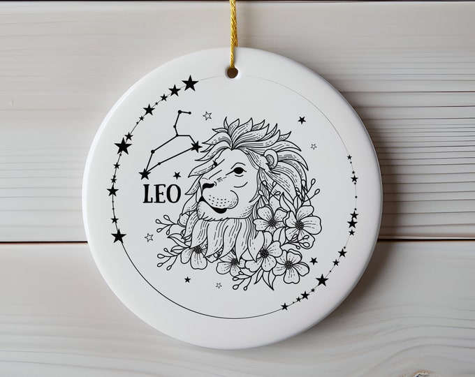 Leo Ornament, Leo Birthday Zodiac, Astrological Star Sign, Lion Symbol, Horoscope Gift, Minimalist Ornament, Boho Floral Constellation X0053