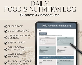 Food log, Nutritional log, diet journal insert, Food Diary, Daily health tracker, calorie nutrion intake, nutrition coach handout, meal log