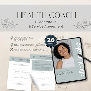Modèle de formulaire d'admission pour coach santé, questionnaire d'intégration du client, coaching nutritionnel, consultation, entreprise de bien-être santé, Canva