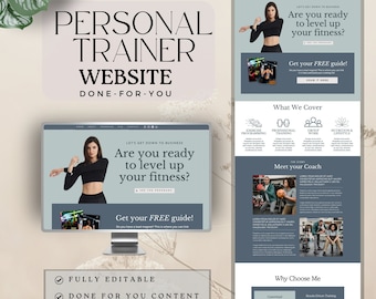 May include: Website mockup for a personal trainer, featuring a blue and white color scheme. The website includes a call to action to get a free guide, a section about what the trainer covers, and a section about why to choose this trainer. The text on the website reads "Let's get down to business. Are you ready to level up your fitness?"
