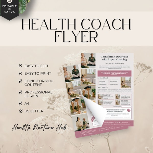Health Coach Flyer, Nutrition Coach Flyer, Wellness Coach Flyer, Health coach advert, marketing leaflet health coaching business, canva