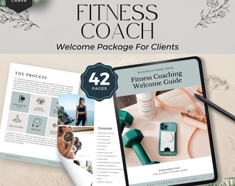 May include: A digital tablet displaying a fitness coaching welcome guide with a blue and green color scheme. The guide includes a table of contents with topics such as welcome letter, author bio, expectations, communication, and contact details. The tablet is on a light brown surface with a black pen and a pair of green dumbbells.