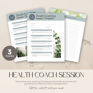 May include: A printable health coaching session template with three pages. The first page is titled "Health Coaching Session Template" and includes sections for client information, review of previous session and progress made, check-in and current status, goal setting for today's session, exploring and coaching, and developing action plans. The second page is titled "Health Coaching Session Template" and includes sections for educational component of applied health coaching, summary and confirmation, feedback and adjustments, scheduling next session, closing remarks, and post-session notes. The third page is titled "Post-Session Notes" and includes a lined area for notes. The template is designed to streamline sessions and provide structure and guidance for effective client management. The text "Edit the content to suite your needs" is included at the bottom of the template.
