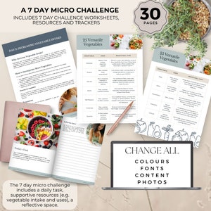 May include: A 7-day micro challenge guide with worksheets and trackers to increase vegetable intake. The guide includes a daily task, supportive resources, and a reflective space. The guide features a colorful illustration of a bowl of fruit and vegetables.