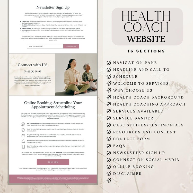 Puede incluir: Una maqueta de sitio web para un entrenador de salud, que presenta una lista de verificaci&oacute;n de 16 secciones, que incluyen panel de navegaci&oacute;n, t&iacute;tulo y llamada a la programaci&oacute;n, bienvenida a los servicios, por qu&eacute; elegirnos, antecedentes del entrenador de salud, enfoque de entrenamiento de salud, servicios disponibles, banner de servicio, estudios de caso/testimonios, recursos y contenido, formulario de contacto, preguntas frecuentes, registro para el bolet&iacute;n informativo, conexi&oacute;n en redes sociales, reserva en l&iacute;nea y descargo de responsabilidad. El sitio web est&aacute; dise&ntilde;ado con un esquema de color rosa claro y blanco y presenta una foto de dos mujeres meditando.