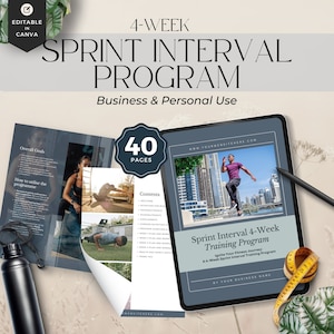 May include: A digital tablet displaying a 4-week sprint interval training program with a blue background and the text "Sprint Interval 4-Week Training Program: Ignite Your Fitness Journey: A 4-Week Sprint Interval Training Program" and "By Your Business Name".