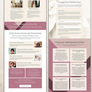 Puede incluir: Un dise&ntilde;o de sitio web rosa y blanco para un servicio de coaching de salud. El sitio web presenta una secci&oacute;n con historias de &eacute;xito y testimonios de clientes, una secci&oacute;n con preguntas frecuentes y una secci&oacute;n con informaci&oacute;n de contacto. El sitio web tambi&eacute;n incluye una llamada a la acci&oacute;n para unirse a la comunidad del &eacute;xito.