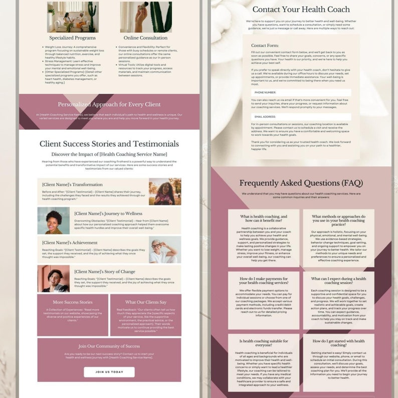 Puede incluir: Un dise&ntilde;o de sitio web rosa y blanco para un servicio de coaching de salud. El sitio web presenta una secci&oacute;n con historias de &eacute;xito y testimonios de clientes, una secci&oacute;n con preguntas frecuentes y una secci&oacute;n con informaci&oacute;n de contacto. El sitio web tambi&eacute;n incluye una llamada a la acci&oacute;n para unirse a la comunidad del &eacute;xito.