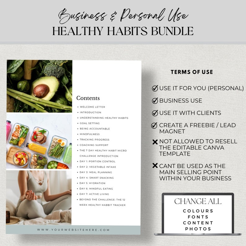 May include: A digital download for a healthy habits bundle. The bundle includes a welcome letter, introduction, goal setting, being accountable, mindfulness, tracking progress, coaching support, and a 7-day healthy habit micro challenge. The text on the page says "Business & Personal Use Healthy Habits Bundle" and "Terms of Use".