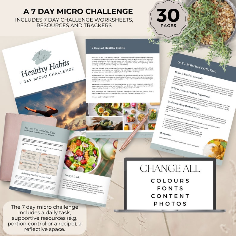 May include: A 7-day micro challenge for healthy habits with worksheets, resources, and trackers. The challenge includes a daily task, supportive resources, and a reflective space. The cover features a colorful salad and the text "Healthy Habits 7 Day Micro-Challenge".