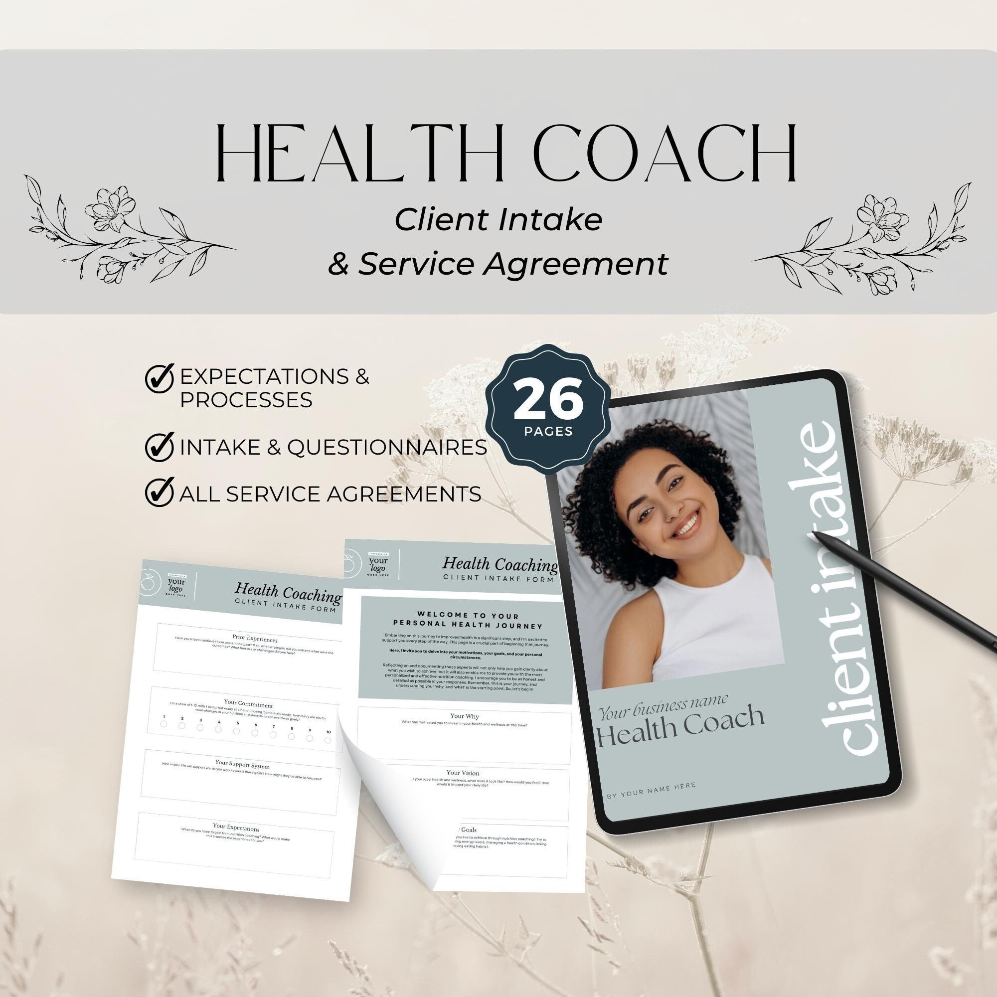 Health coach intake form template, Client Onboarding Questionnaire, Nutrition Coaching, Consultation, health Wellness Business, Canva