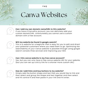 Puede incluir: Un fondo azul claro con un icono de signo de interrogaci&oacute;n blanco y el texto "Canva Websites" en blanco. El texto debajo del t&iacute;tulo hace preguntas sobre c&oacute;mo agregar un nombre de dominio o URL personalizado a un sitio web de Canva, c&oacute;mo mejorar la optimizaci&oacute;n de motores de b&uacute;squeda y c&oacute;mo agregar enlaces y botones a un sitio web de Canva.