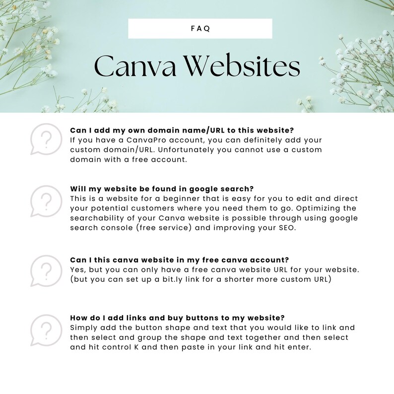 Puede incluir: Un fondo azul claro con un icono de signo de interrogaci&oacute;n blanco y el texto "Canva Websites" en blanco. El texto debajo del t&iacute;tulo hace preguntas sobre c&oacute;mo agregar un nombre de dominio o URL personalizado a un sitio web de Canva, c&oacute;mo mejorar la optimizaci&oacute;n de motores de b&uacute;squeda y c&oacute;mo agregar enlaces y botones a un sitio web de Canva.