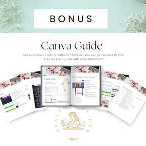 May include: A Canva Guide with the text "How to make a Canva Account", "Contents", "Grids and Frames", and "Text Cheatsheet". The guide is open to a page with a screenshot of the Canva website. The guide is part of a larger set of resources from "Health Hub".