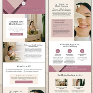 Puede incluir: Una p&aacute;gina de aterrizaje de sitio web para un servicio de coaching de salud. La p&aacute;gina presenta un esquema de color rosa y blanco con im&aacute;genes de personas sonriendo y participando en actividades saludables. El texto en la p&aacute;gina destaca los beneficios del coaching de salud y alienta a los visitantes a reservar una consulta gratuita.