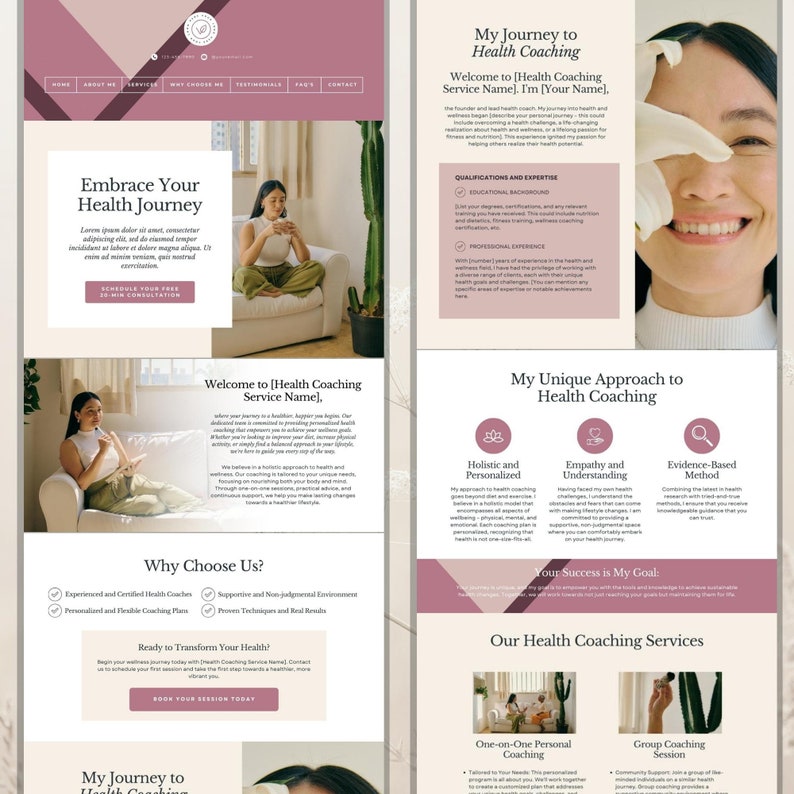 Puede incluir: Una p&aacute;gina de aterrizaje de sitio web para un servicio de coaching de salud. La p&aacute;gina presenta un esquema de color rosa y blanco con im&aacute;genes de personas sonriendo y participando en actividades saludables. El texto en la p&aacute;gina destaca los beneficios del coaching de salud y alienta a los visitantes a reservar una consulta gratuita.