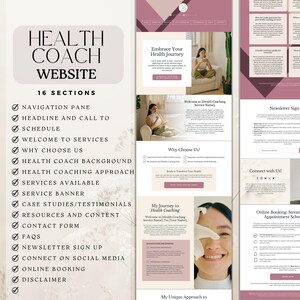Puede incluir: Una maqueta de sitio web para un entrenador de salud, con un esquema de color rosa y blanco. El sitio web incluye secciones para navegaci&oacute;n, un titular, servicios, testimonios, informaci&oacute;n de contacto y m&aacute;s. El sitio web tambi&eacute;n presenta una foto de una mujer sonriendo.