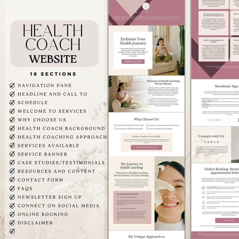 Puede incluir: Una maqueta de sitio web para un entrenador de salud, con un esquema de color rosa y blanco. El sitio web incluye secciones para navegaci&oacute;n, un titular, servicios, testimonios, informaci&oacute;n de contacto y m&aacute;s. El sitio web tambi&eacute;n presenta una foto de una mujer sonriendo.