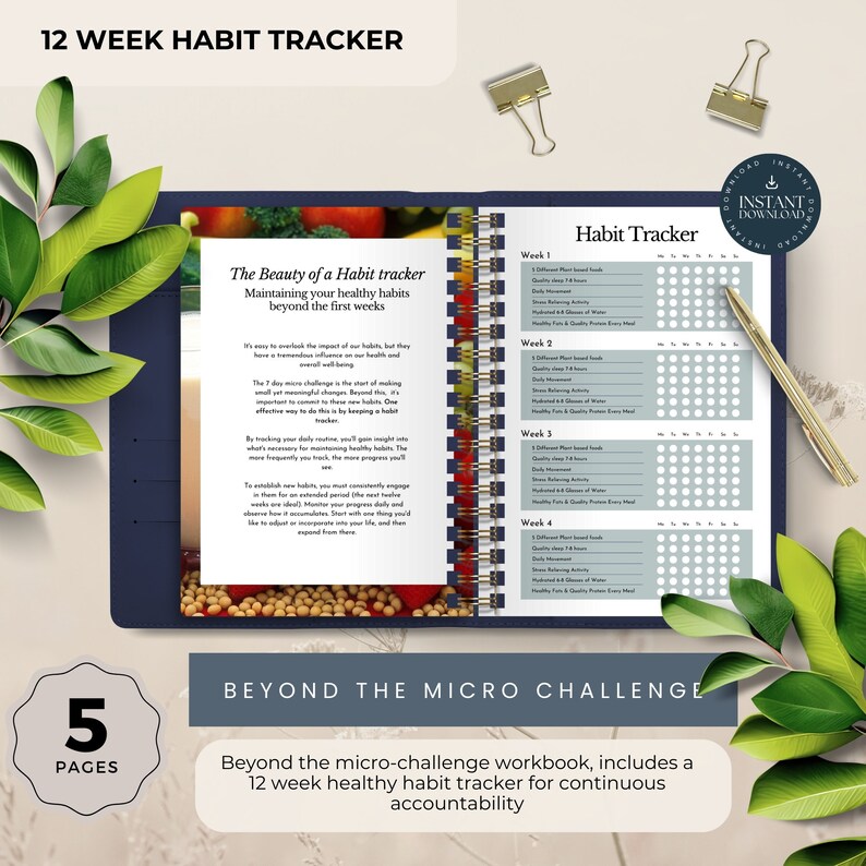 May include: A blue and gold 12-week habit tracker journal with a section titled "The Beauty of a Habit Tracker" and a section titled "Habit Tracker". The journal has a quote about maintaining healthy habits beyond the first few weeks. The journal has a section for each week with checkboxes for tracking habits. The journal is part of a workbook titled "Beyond the Micro Challenge".