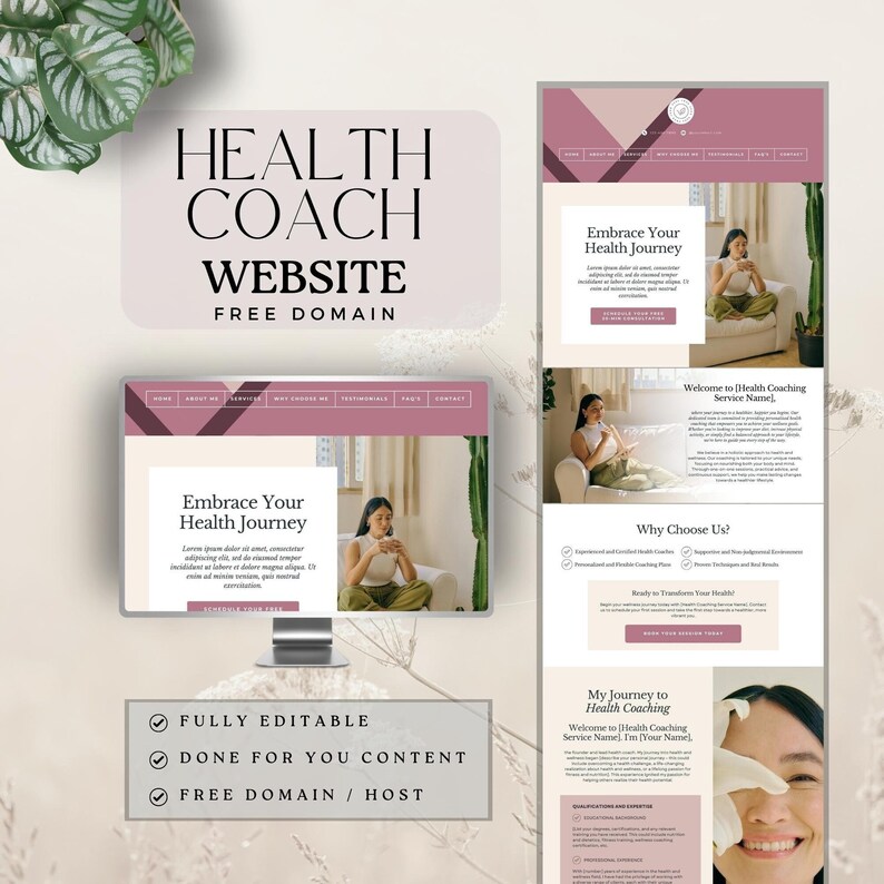 Puede incluir: Una maqueta de sitio web para un entrenador de salud, con un esquema de color rosa y blanco. El sitio web incluye secciones para "Acerca de m&iacute;", "Servicios", "&iquest;Por qu&eacute; elegirme?", "Testimonios", "Blog" y "Contacto". El sitio web tambi&eacute;n presenta una llamada a la acci&oacute;n para "Abrazar tu viaje de salud".