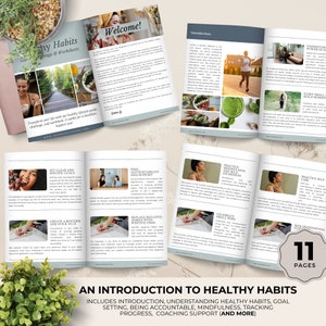 May include: A colorful guide with the title "Healthy Habits" and the text "An Introduction to Healthy Habits" on the cover. The guide includes 11 pages and covers topics like goal setting, accountability, mindfulness, and tracking progress.