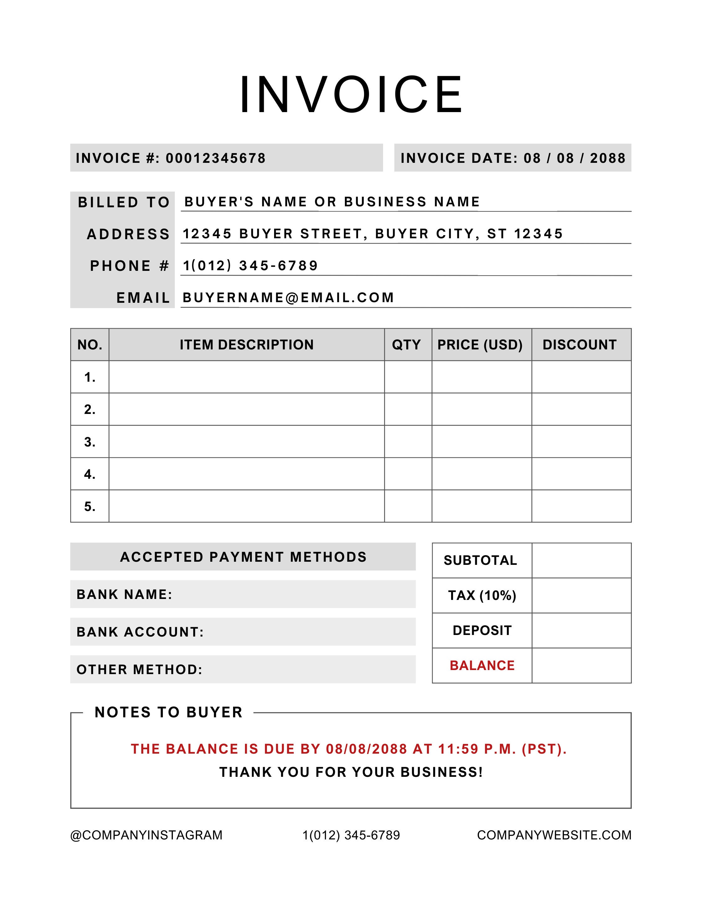 Invoice Template, Business Invoice, Printable Invoice, Editable Invoice ...