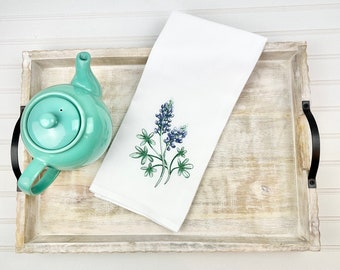 Embroidered Texas Bluebonnets Tea Towel, Cotton Farmhouse Kitchen Decor