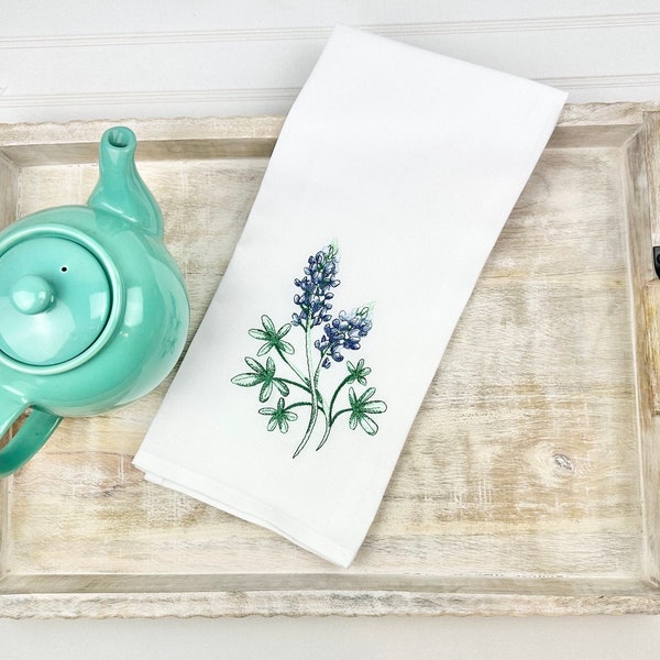Texas Bluebonnets Tea Towel, Embroidered Farmhouse Kitchen Towel, Housewarming Gift, Hostess Gift, Wedding Shower Gift, Gift for mom
