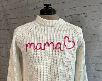 Handbestickter Damen Rundhalspullover|Mama|Muttertag|Muttertag|Bio-Baumwolle|Grober Pullover