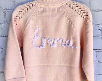 Hand Embroidered Baby and Toddler Sweater|Custom Name|Pointelle Detail Cardigan|Baby ShowerGift|Baby's Name|Personalized|Toddler Name|Cotton