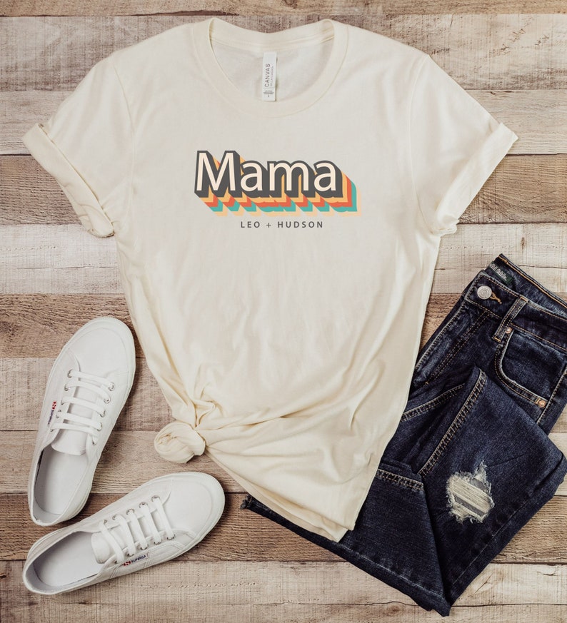 Customizable Mama TeeMom TShirtMom Tee with kids namesRetro Mama TeeGift for MomGift for HerMother's Day Shirt Natural