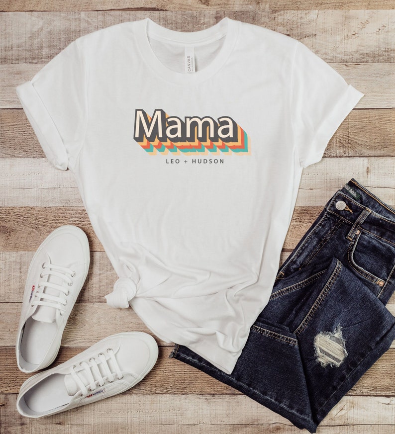 Customizable Mama TeeMom TShirtMom Tee with kids namesRetro Mama TeeGift for MomGift for HerMother's Day Shirt White
