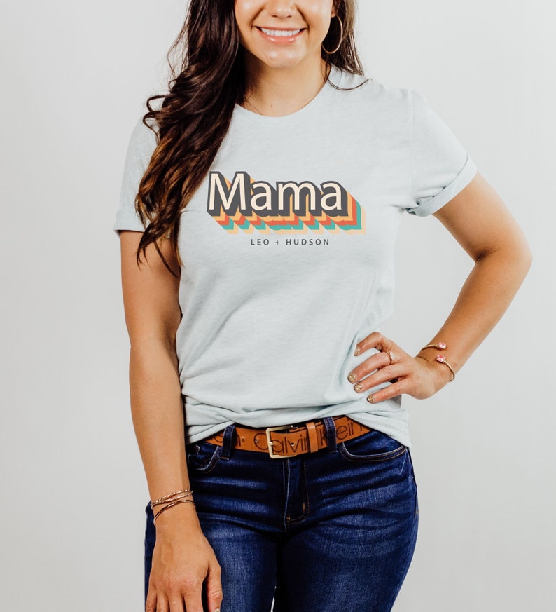 Customizable Mama TeeMom TShirtMom Tee with kids namesRetro Mama TeeGift for MomGift for HerMother's Day Shirt Heather Ice Blue