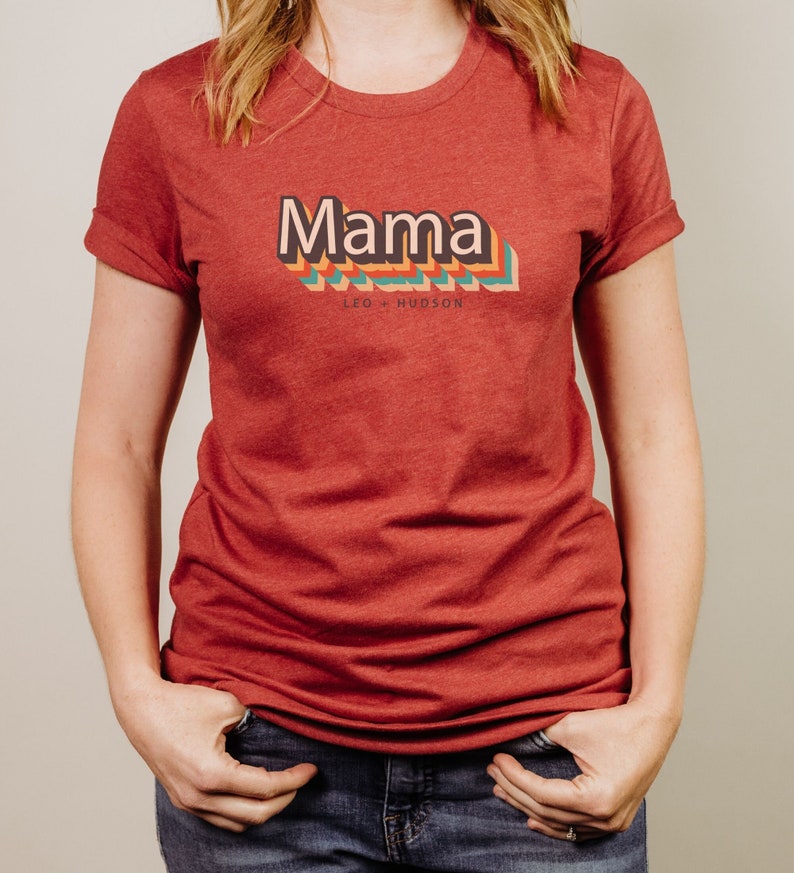 Customizable Mama TeeMom TShirtMom Tee with kids namesRetro Mama TeeGift for MomGift for HerMother's Day Shirt Heather Red