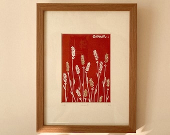 Lavande - Original Linocut Print - Flowery wall art, limited edition, hand engraved and hand printed, A5