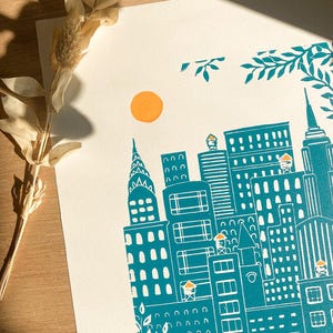 Manhattan - Original Linocut Print - New York Wall Art, Limited Edition, 9 x 12 in
