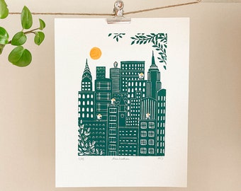 Manhattan - Original Linocut Print - New York Wall Art, Limited Edition, 9 x 12 in