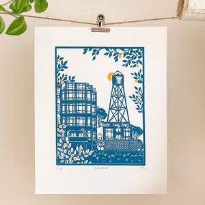 Greenpoint - Original Linocut Print - NYC Travel Decor wall art, limited edition, hand engraved and hand printed, 11 x 14 inches