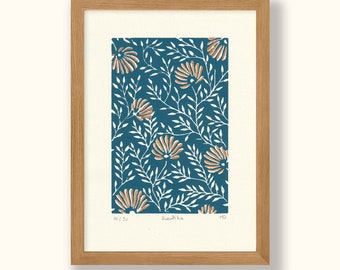 Sevantika - Original Linocut Print - Floral Decor wall art, limited edition, hand engraved and hand printed, A5