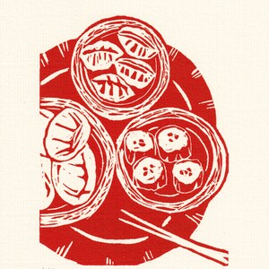 Dim Sum Original Linocut Print Hong Kong Travel Food wall art, limited edition, hand engraved and hand printed, A5 image 5