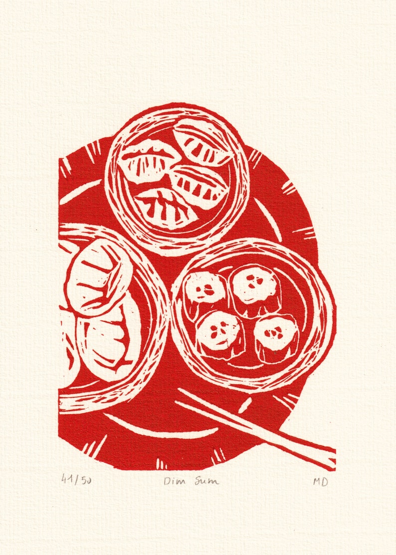 Dim Sum Original Linocut Print Hong Kong Travel Food wall art, limited edition, hand engraved and hand printed, A5 image 5